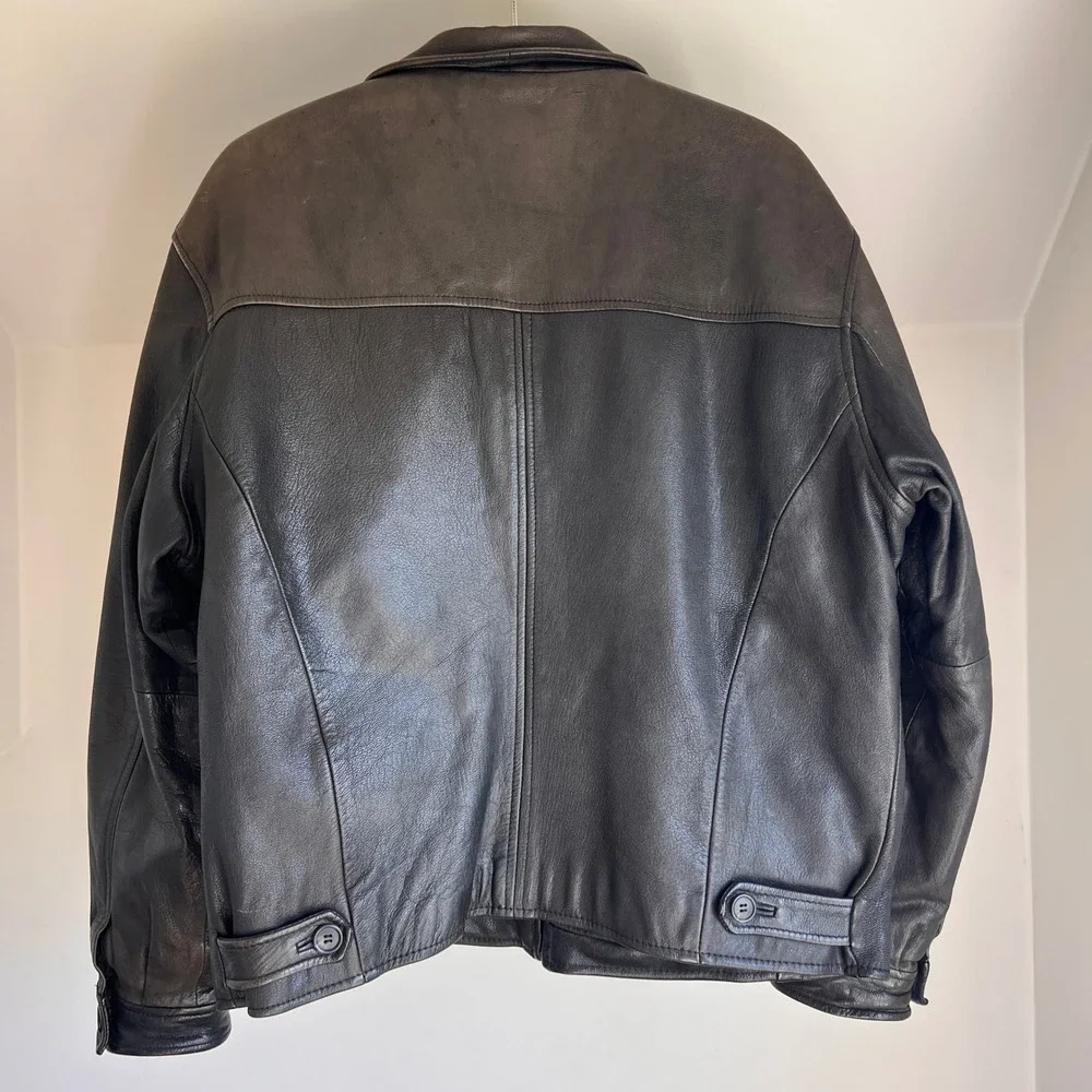 Vintage J. Crew Leather Jacket Size L Brown 90s Oarsman Full Zip Bomber Coat